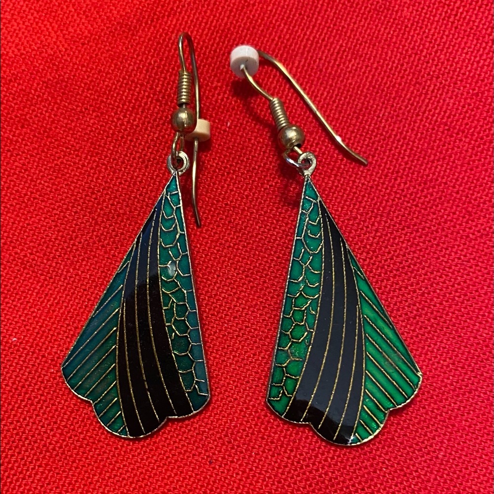 Green and black cloisonné earrings